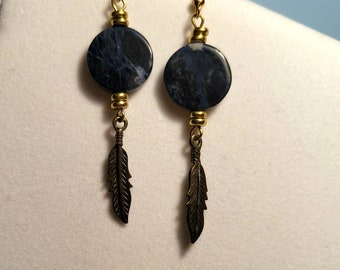 Sodalite Earrings with Brass Feathers and Gold Beads