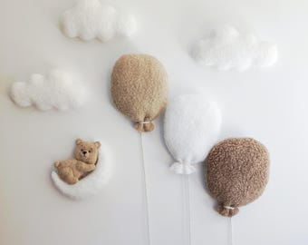 Kinderzimmer Wanddekoration/Bär und Ballon Boucle neutral/Weiche Wanddekoration/Teddy Kinderzimmer Deko Wände/Hängende Wanddekoration/Gender Kinderzimmer Deko