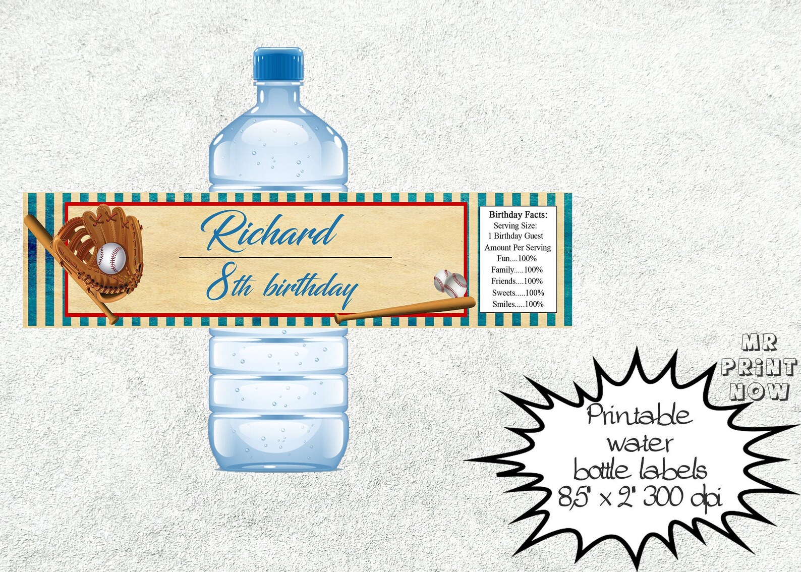Baseball Water Bottle Labels Printable Baseball Bottle Etsy