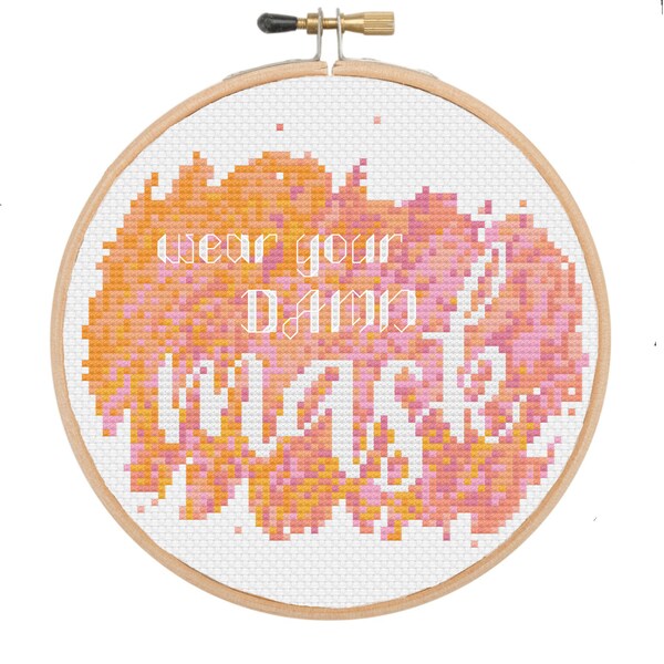 Mask: Wear Your Damn Mask Cross Stitch Kit, Swear Word Pattern Embroidery Kit Watercolour DIY NSFW Beginner Pink Orange