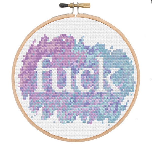 PDF Curse Word Cross Stitch, Swear Word Pattern Fuck Embroidery Chart Watercolour Snarky Craft Blue Purple Beginner DIY Subversive NSFW