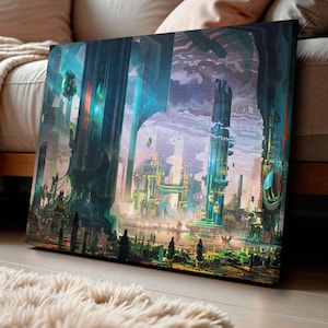 Puede incluir: Una impresión en lienzo de una ciudad futurista con altas estructuras brillantes y una vibrante paleta de colores de azules, verdes y púrpuras. La obra de arte representa una escena de ciencia ficción con elementos arquitectónicos detallados.