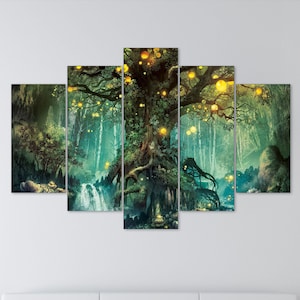 Magical Tree Canvas in Mystic Forest Print: Enchanting Waterfall, Luminous Canopy, Fantasy Flora by Ferdinand Ladera, Print on Canvas