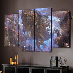 May include: A four-panel canvas print showcasing a detailed fantasy city with elaborate buildings and airships. The artwork uses a rich colour palette of blues, purples, and golds, creating a detailed and imaginative cityscape. The art is displayed above a black cabinet.