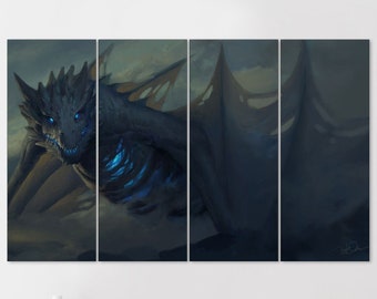 Dark Dragon Art with Blue Fire Core and Glowing Eyes on Fantasy Canvas Print, Multi Panel by Dao Trong Le