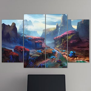 Crystal Canyon Canvas with River Passage Print: Fantasy Landscape, Rocky Gorge, Blue Crystals by Ferdinand Ladera, Print on Canvas