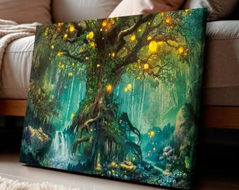 Magical Tree Canvas in Mystic Forest Print: Enchanting Waterfall, Fantasy Landscape, Glowing Tree art, Enchanted Woods, Mystical art