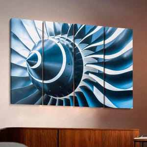 Jetmotorturbinkanvas, konsttryck av flyg, foto av mekaniska blad, högteknologisk industriell dekor, närbild av flygmotor