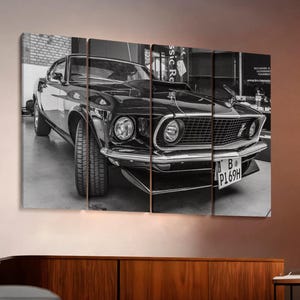 Classic Mustang poster, Black White photo, Muscle Car scene, Ford Vintage view, Automotive Art piece, Oldtimer Show theme, Retro Design work