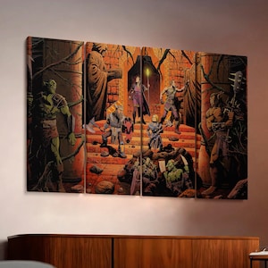 Könnte beinhalten: Mehrteiliger Leinwanddruck, der eine Fantasy-Szene mit verschiedenen Charakteren in einem Dungeon-Setting zeigt. Das Kunstwerk zeigt Figuren in Rüstungen, einen Zauberer und andere fantastische Kreaturen, mit einer Farbpalette aus Braun-, Orange- und Grüntönen.