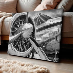 Vintage Airplane Canvas Print, Aviation Wall Art, Propeller Engine Decor, Black and White Aircraft Art, Pilot Gift