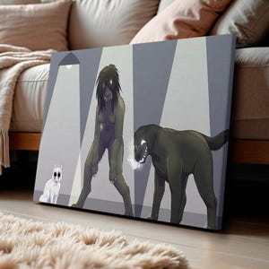 Może przedstawiać: Wydruk na płótnie przedstawiający stylizowaną ilustrację humanoidalnej postaci, czarnego psa i białego psa pod reflektorami. Postacie mają świecące oczy i ciemną paletę kolorów. Grafika jest prezentowana na drewnianej ramie.