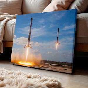 SpaceX Dual Landing Leinwand, Falcon 9 Rocket Art, Luft-und Weltraum-Wanddekoration, Tech Achievement Poster, Wissenschaftskunst, Einzigartiges Weltraum Geschenk