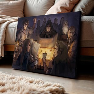 May include: A rectangular canvas print depicting a group of fantasy characters gathered around a glowing table for a tabletop role-playing game. The scene features a central dungeon master, players with character sheets, and a white owl in a dark room.