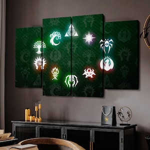 May include: A four-panel canvas artwork displaying glowing symbols on a dark green backdrop. The symbols are in various colours, including green, white, purple, and red. The artwork is displayed above a black cabinet with gold accents.