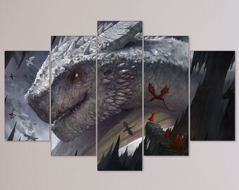 Jeff Brown's Fantasy Canvas: A Gigantic White Dragon, Its Brood, and the Red Cloaked Cultists amidst the Snowy Mountains, Print on Canvas
