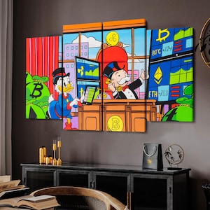 May include: A five-panel canvas wall art set depicting a cartoon scene with a duck character and a man in a top hat at a desk. The vibrant illustration features cryptocurrency symbols, financial charts, and stacks of green money bags in a bright, colorful office setting with a city skyline visible through the window.