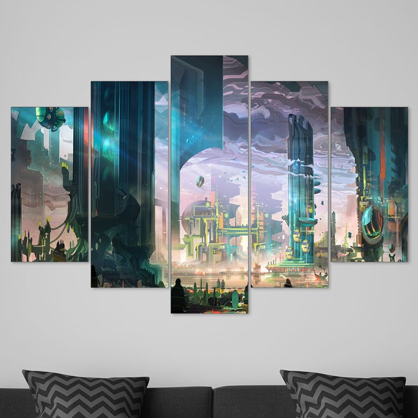 Otherworldly Landscape in Archaic Tones, Multi-panel Fantasy Metropolis Sci-Fi Print by Dominique van Velsen, Alien city Print on Canvas