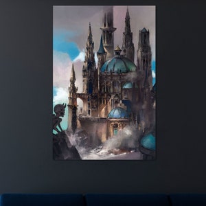 Lámina artística del Viejo Mundo, decoración de catedral, arte de castillos de fantasía, decoración de monasterios, póster de arquitectura gótica, arte del diablo de D. Rybchinskiy