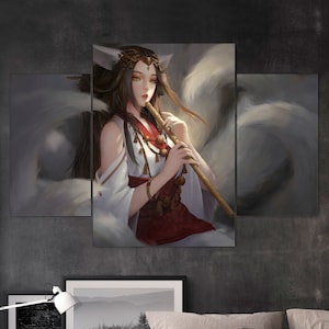 Multi Panel Canvas of a Kitsune in Festive Dress, evoking Asian Mythology with her Flute&#39;s Ethereal Music by Dao Trong Le