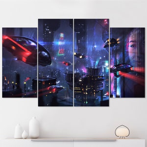 Sci-Fi Canvas of Cyberpunk City, Night City Print: Flying Cars, Neon Lights by Dominique van Velsen, Fantasy Print on Canvas