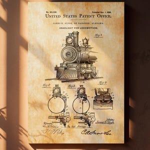 May include: A vintage patent print of a locomotive headlight, featuring detailed technical drawings and text. The print is on aged paper, with the text "UNITED STATES PATENT OFFICE" and "HEADLIGHT FOR LOCOMOTIVES". The print is mounted on a wall.