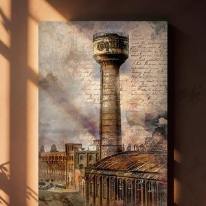 Lienzo impreso de torre de agua industrial, arte mural de fábrica de ladrillos vintage, póster de boceto de arquitectura retro, decoración de caligrafía en sepia