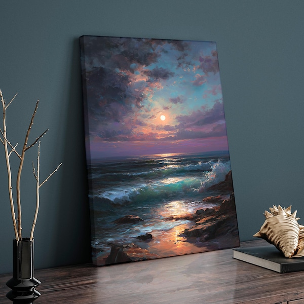 Pôster de arte marinha, decoração de praia ao luar, pintura de costa rochosa, cena noturna do oceano, obra de lua cheia, estilo pintura a óleo, paisagem costeira