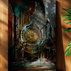 May include: A canvas print depicting a surreal scene with a large clock as the focal point. The clock face is ornate with Roman numerals and gold accents. The artwork features a blend of teal, brown, and gold tones, creating a fantasy atmosphere.