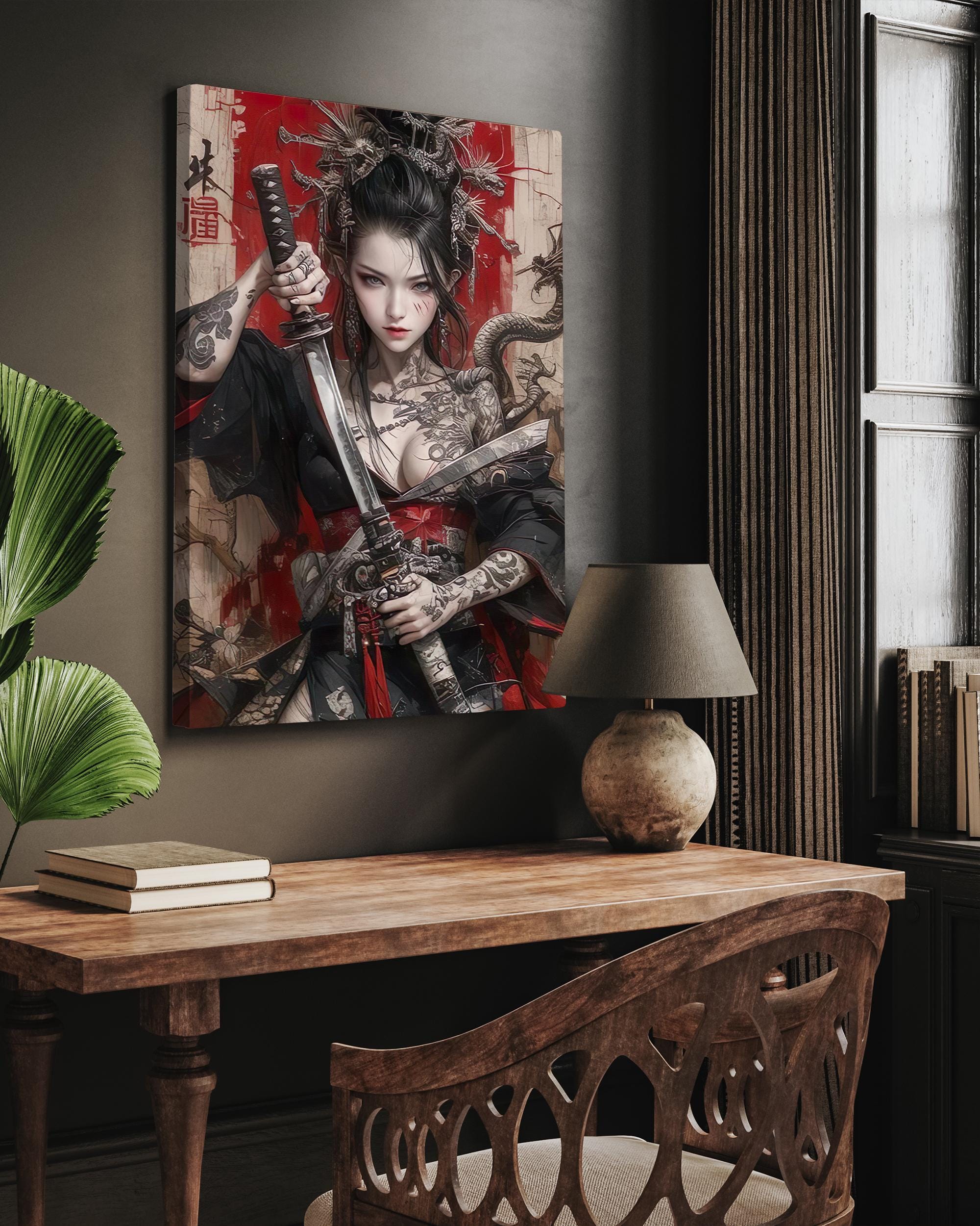 Samurai Girl Canvas, Yakuza Tattoo Wall Art, Geisha Print, Katana