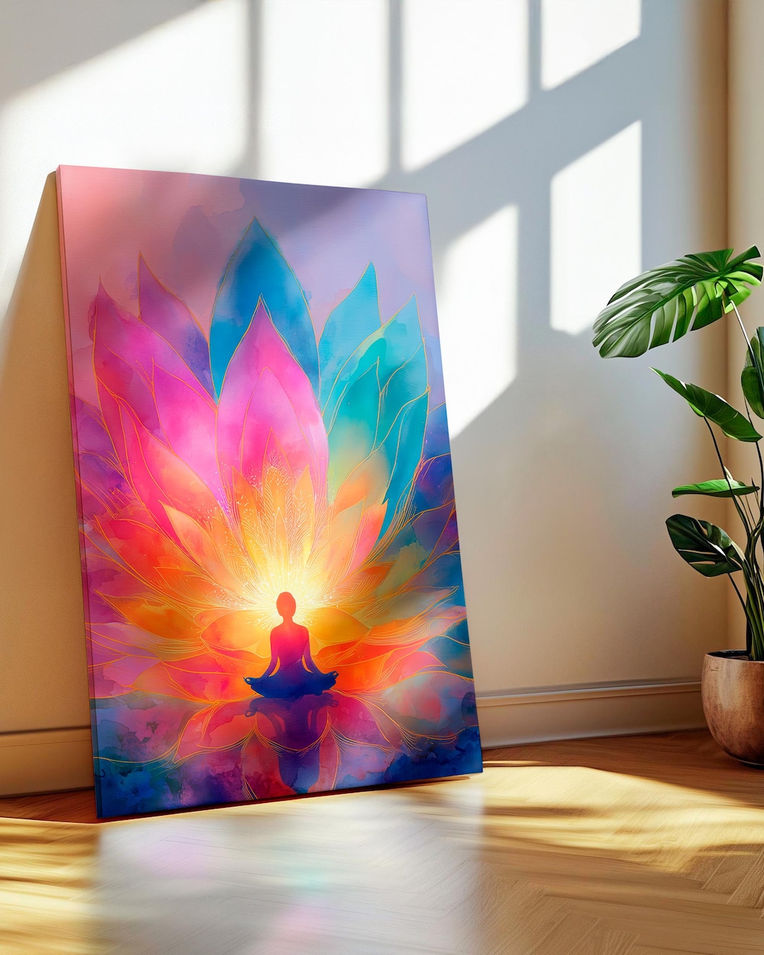 Lotus Meditation Canvas Print, Spiritual Wall Art, Yoga Decor, Colorful ...