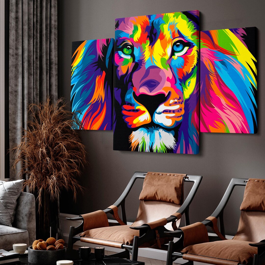 Colorful Pop Art Lion Canvas Print, Vibrant Lion Head Wall Art, Neon ...