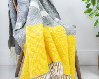 Large Wool Throw Blanket / Yellow Grey Wool Sofa Throw Blanket / Couch Throw Rug / Nursery Bed Sofa Throw / Wedding Gift