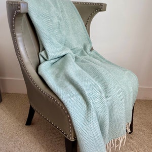 Large Double Thick Ocean Green / Blue Throw Blanket and Cream Fringing / Pastel Green Blue Pure Wool Sofa / Bed Throw Comforte