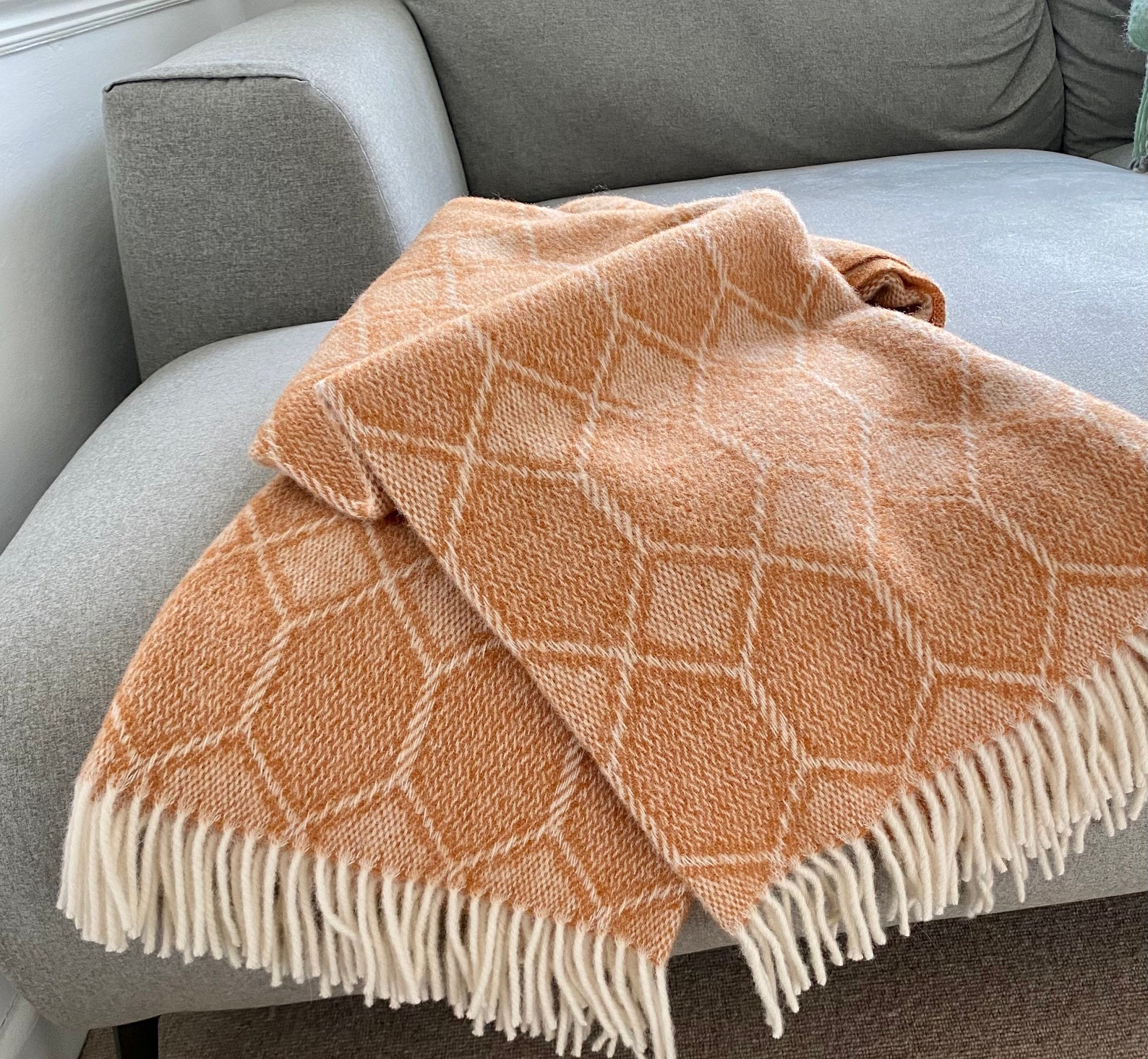 Wool Blanket / Peach and Cream Design Pure Wool Throw Fringe Etsy