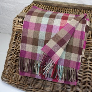 Pure Wool Check Throw Blanket, Large Purple Beige Blanket, Cosy Sofa Blanket, British Home Decor, Warm Cover Made in Yorkshire UK