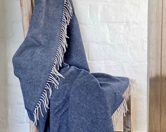 Large Merino Wool Blue Herringbone Throw Blanket with Contrasting Fringing / Ideal for sofa, chair or bed / UK Made