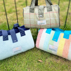 Large Blue Wool Fleece Waterproof Picnic Blanket with handles and deep side pockets / Various Colours / Made in UK