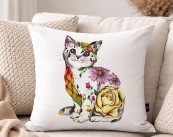 猫柄ヴィーガンスエードクッション枕（45 x 45 cm）、英国製アクセントホームデコレーション