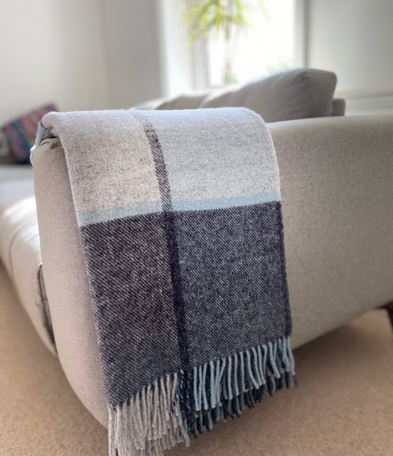 Wool Blanket / Grey and Duck Egg Blue Block Check Wool Throw Etsy UK