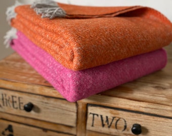Wool Blanket / Queen size Orange Wool Grey Fringed Throw Blanket /  Extra Large Sofa Throw /  Bed Runner/ also available in Pink and Lemon