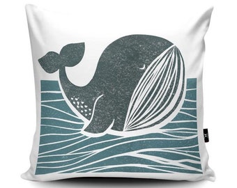 Vegan Suede Nautical Whale Design Accent Cushion Pillow, Plush Bed Sofa Coastal Cushion, Made in UK, Size 45 x 45 cms 18” x 18”, Made in UK