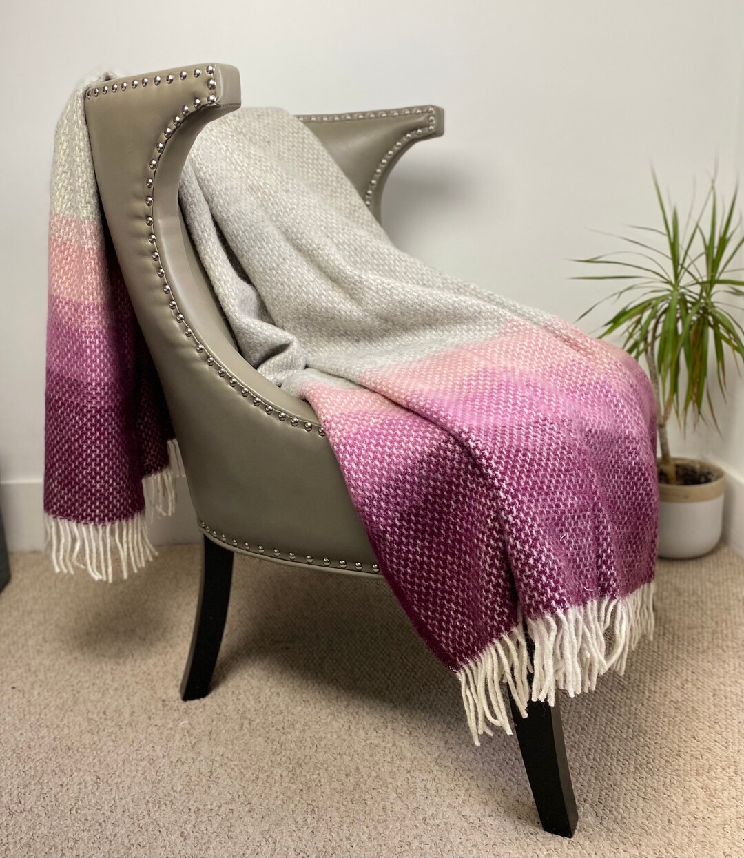 Wool Blanket / Pink and Grey Ombre Pure Wool Throw Fringe Blanket
