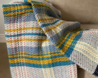 Recycled Wool Blue and Yellow check plaid Throw blanket with contrast fringing / Plaid Bed Sofa Throw / Meditation Oversized Shawl Wrap