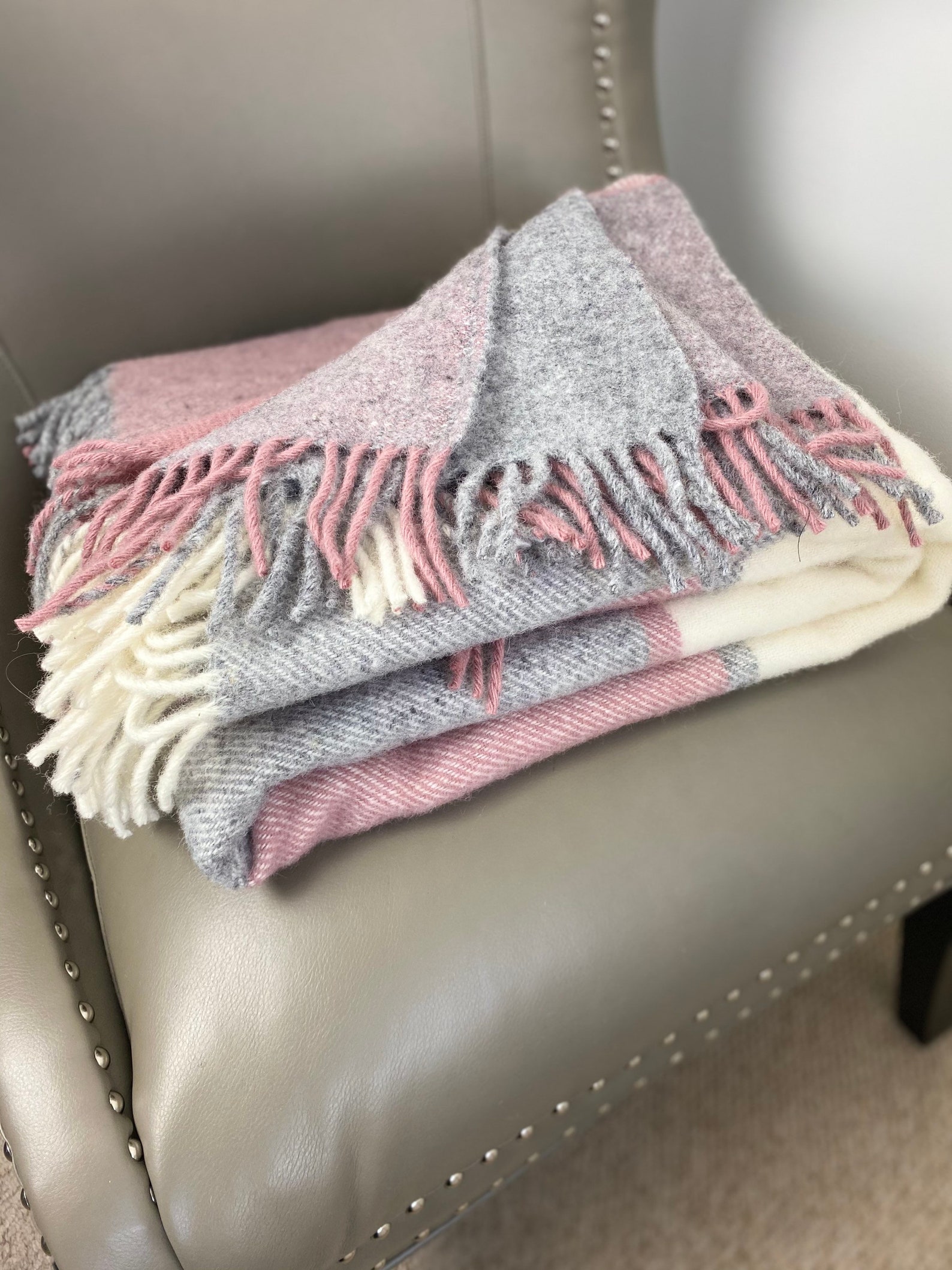 Wool Throw Wool blanket Large Grey Pink Check Plaid Pure Etsy