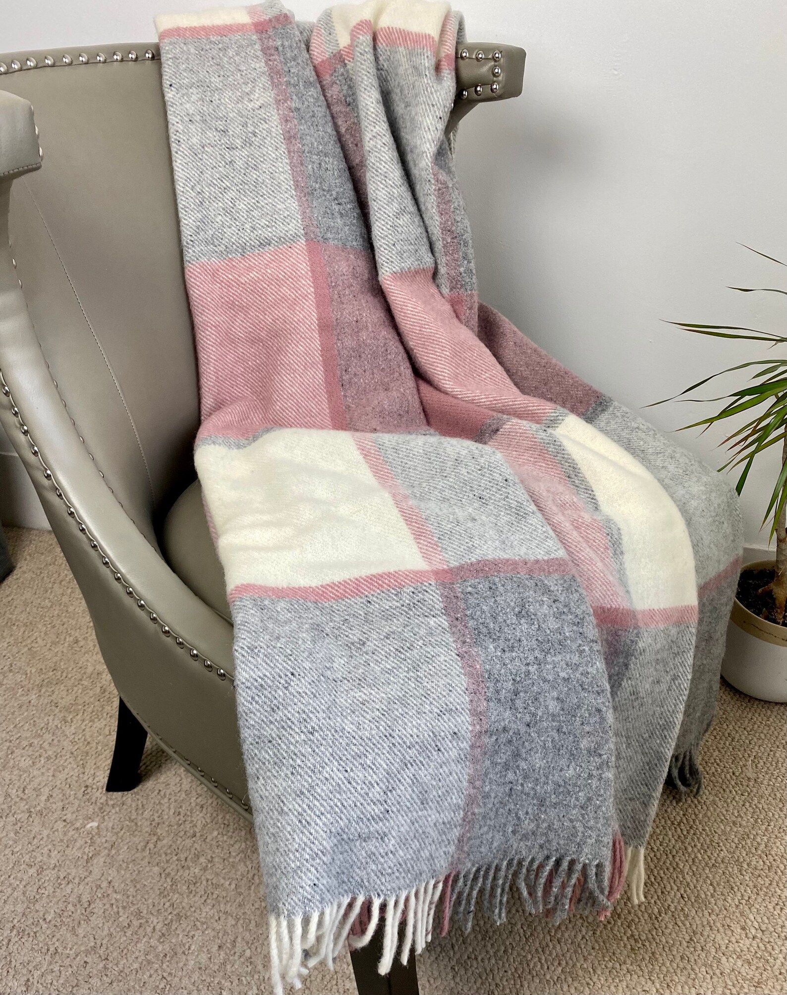 Wool Throw Wool blanket Large Grey Pink Check Plaid Pure Etsy