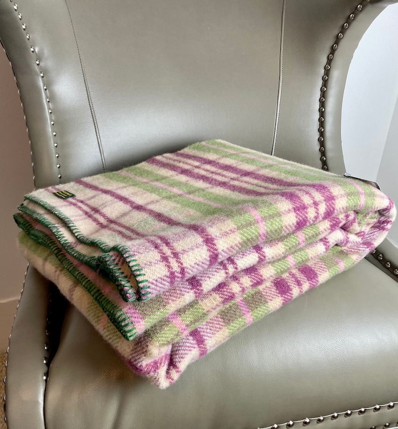 Wool Blanket / Cream and Green Pure Wool Check Throw Blanket / Etsy