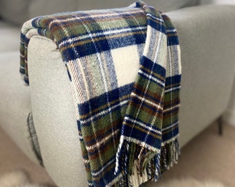 Large Blue Dress Tartan Wool Fringed Throw Blanket  / Plaid Soft Wool Blanket / Made in UK