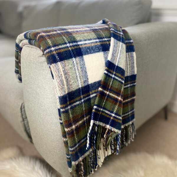 Large Blue Dress Tartan Wool Fringed Throw Blanket  / Plaid Soft Wool Blanket / Made in UK