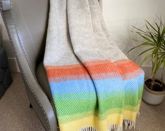 Wool Blanket / Yellow and Grey Ombre Pure Wool Throw Fringe Blanket / Rainbow Nursery Bed Sofa Throw / Large Bed Runner / Wedding Gift